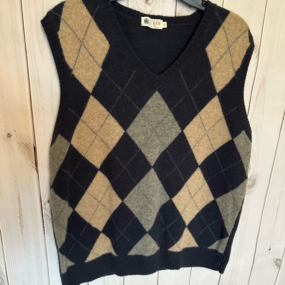 J.Crew Men’s 100% Lambswool Argyle Sweater Vest Navy Tan Size XL Vintage Y2K